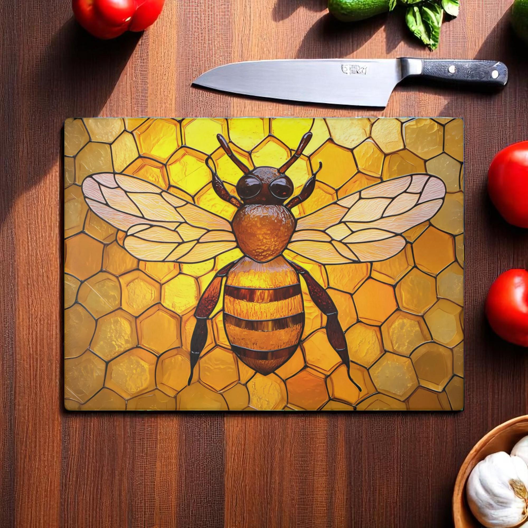 Bee Glass Cutting Board, Honeycomb Kitchen Decor, Stained Glass Style Tray, Beekeeper Gift, Nature Chopping Board, Bumblebee Art Kitchen