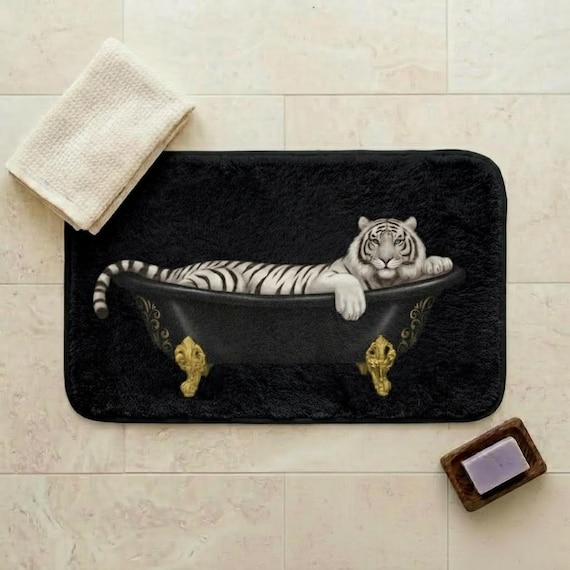 White Tiger Bath Mat, Tiger in Bathtub, Unique Bathroom Rug, Animal Lover Gift, Jungle Bathroom Decor, Cute Bath Mat, Housewarming Gift