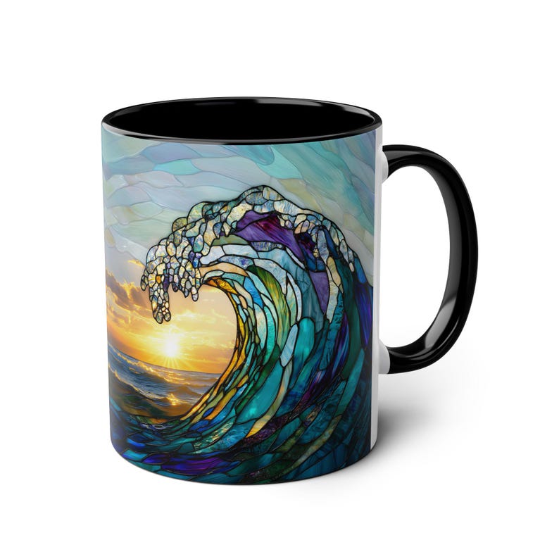 Tazza in vetro colorato con onda oceanica, tazza da caffè da spiaggia, regalo per gli amanti dell'oceano, tazza con decorazione per la casa costiera, tazza in ceramica con onda marina da 11 once immagine 3