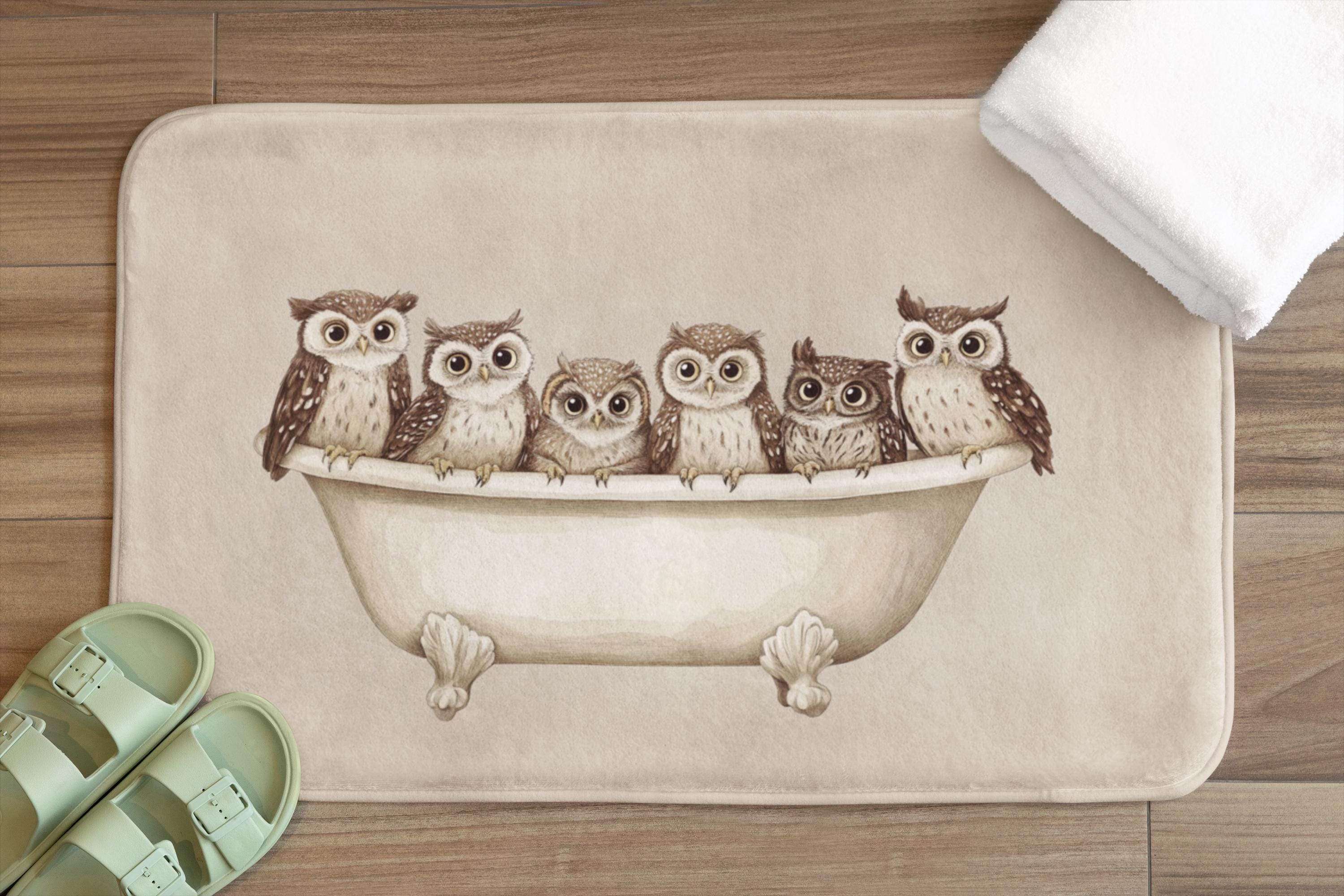 Owl Bath Mat, Cute Woodland Bathroom Decor, Funny Animal Rug, Nature Themed Gift, Cozy Forest Owl Ma