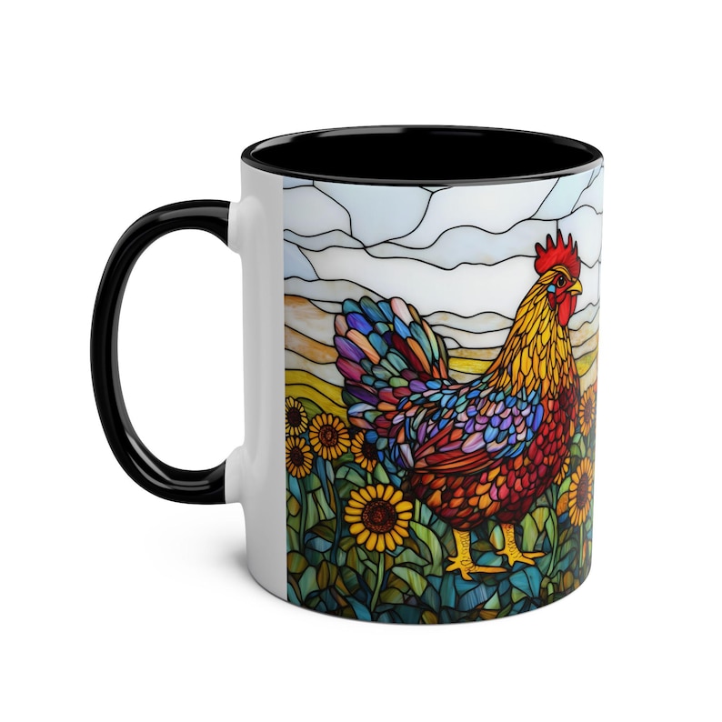 Stained Glass Chicken Mug, Sunflowers Rooster Cup 11oz, Farm Animal Mug, Country Kitchen Gift, Ceramic Chicken Tea Cup, Chicken Lover Gift image 4