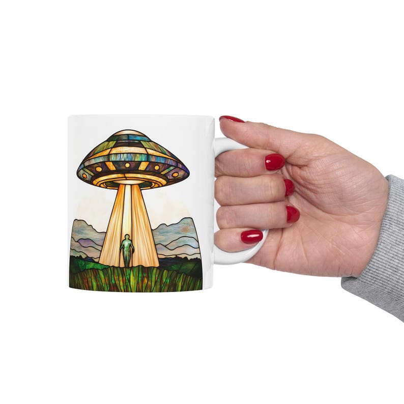 UFO-kaffemugg, UFO-mugg i målat glas 340 ml, kaffekopp med alien-tema, rymdkopp, alien-present, sci-fi-mugg, present till sci-fi-älskare, UFO-present bild 5