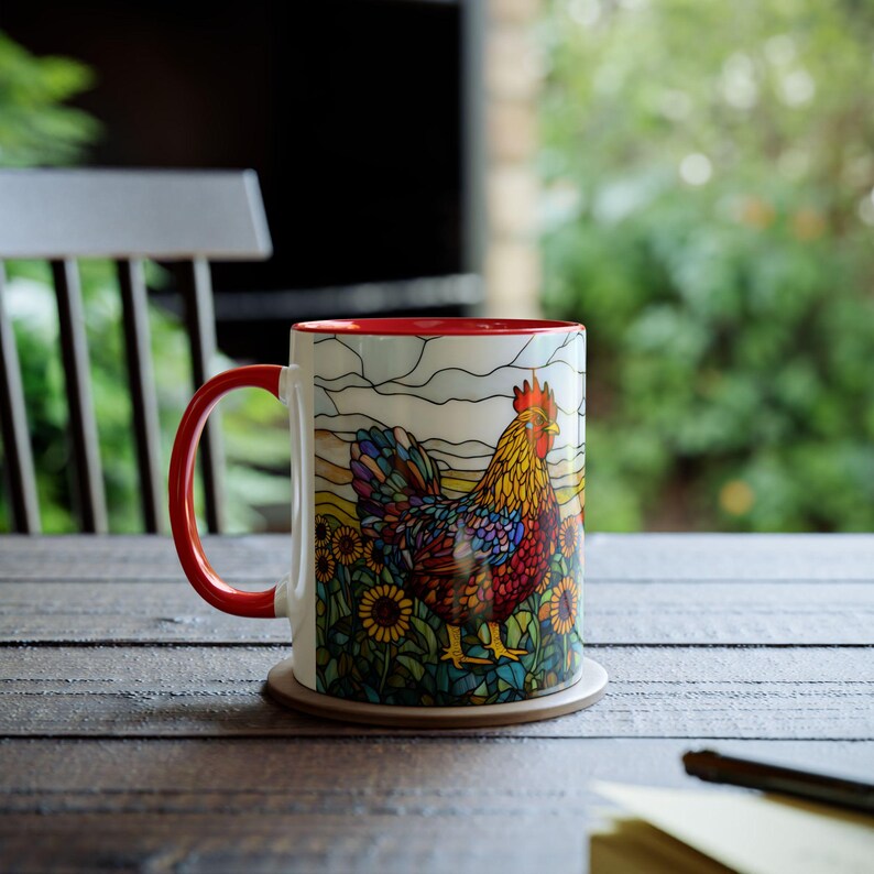 Stained Glass Chicken Mug, Sunflowers Rooster Cup 11oz, Farm Animal Mug, Country Kitchen Gift, Ceramic Chicken Tea Cup, Chicken Lover Gift image 9