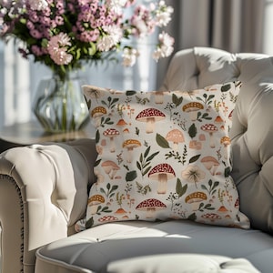 Beige Mushroom Pillow, Cottagecore Decor, Woodland Throw Pillow, Nature Inspired Cushion Fungi Aesthetic Home Decor Square Decorative Pillow