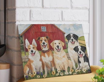 Dog Glass Cutting Board, Farmhouse Kitchen Decor, Dog Lover Gift, Red Barn Art, Housewarming Gift, Country Kitchen, Animal Lover Gift