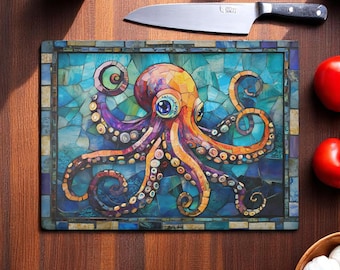 Stained Glass Octopus Glass Cutting Board, Ocean-Themed Kitchen Decor, Sea Animal Chopping Board, Unique Marine Life Gift Coastal Sea Lovers