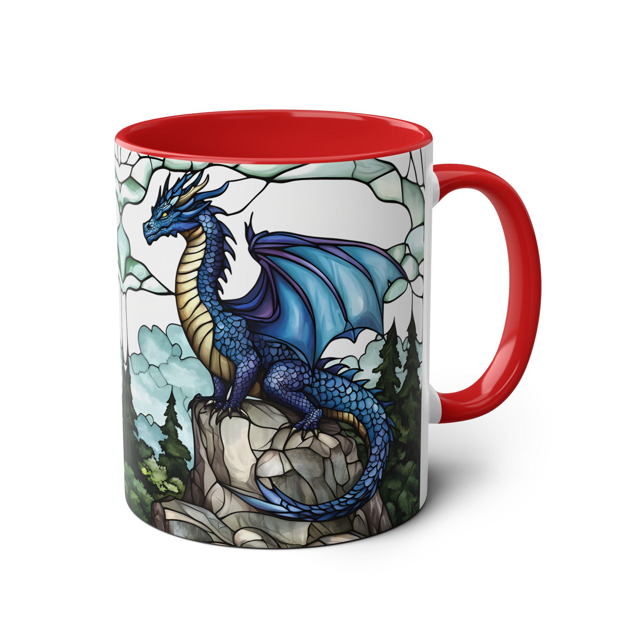 ドラゴンデザインの装飾カップ Blue Dragon Mug, Ceramic Dragon Coffee Cup 11oz, Stained Glass