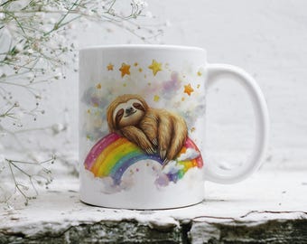 Taza de perezoso arcoíris, taza de café con perezoso durmiendo, regalo original para amantes de los animales, taza kawaii para un día de descanso, taza de cerámica de 325 ml, regalo de perezoso