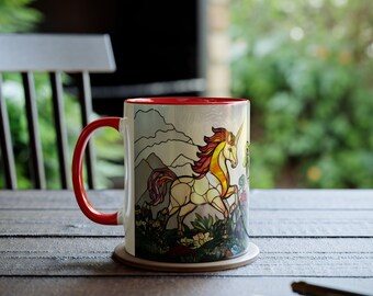 ステンドグラス ユニコーン マグカップ、ファンタジー コーヒーカップ