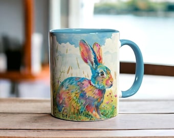 Colorful Bunny Mug, Rabbit Lover Gift, Watercolor Bunny Coffee Mug, Spring Mug, Cute Bunny Gift for Her, Cottagecore Mug, Easter Mug
