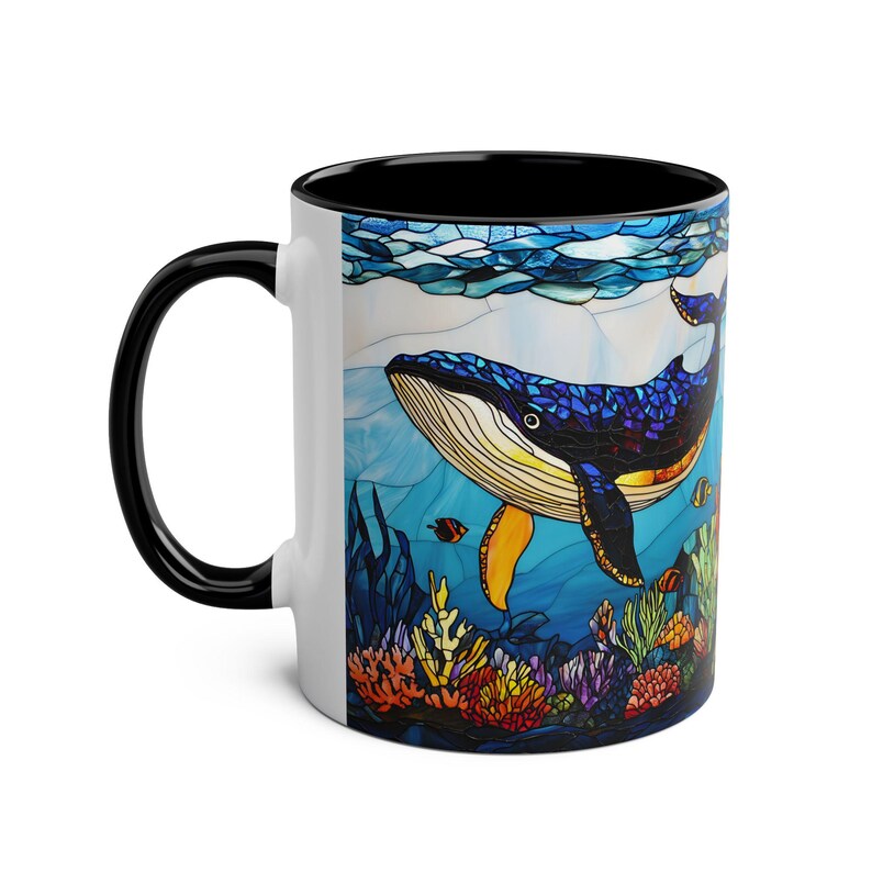 Stained Glass Whale Mug, Humpback Whale Coffee Cup, Ocean Lover Gift, Marine Life Mug, Sea Animal Ceramic Cup, Coastal Mug 11oz image 6
