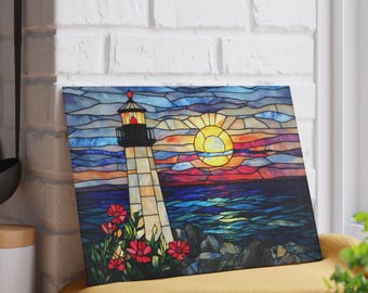 Lighthouse Glass Cutting Board Stained Glass Sunset Ocean, Coastal Kitchen Decor, Nautical Cutting Board Gift