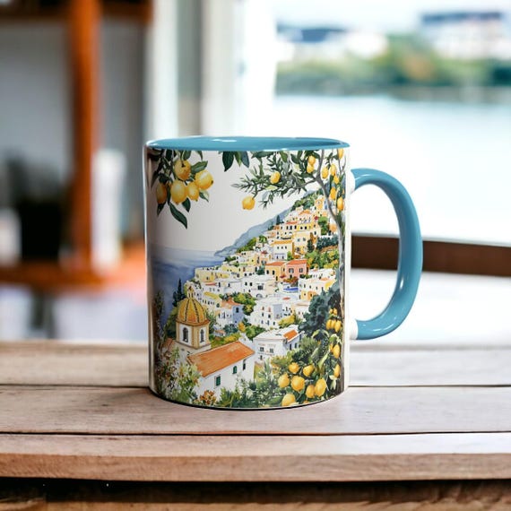 Positano Italy Mug, Amalfi Coast Coffee Cup 11oz, Mediterranean Travel Gift, Lemon Art Mug, Coastal Landscape Coffee Mug Nature Italian Gift