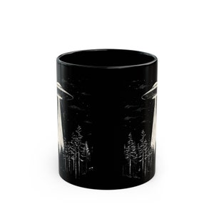 UFO Coffee Mug, Black UFO Mug, UFO Over Forest Ceramic 11oz, Alien Coffee Cup, Space Cup, Alien Gift, Sci-Fi Mug, Gift for Sci-Fi Lovers image 6
