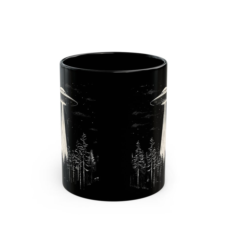 UFO Coffee Mug, Black UFO Mug, UFO Over Forest Ceramic 11oz, Alien Coffee Cup, Space Cup, Alien Gift, Sci-Fi Mug, Gift for Sci-Fi Lovers image 6