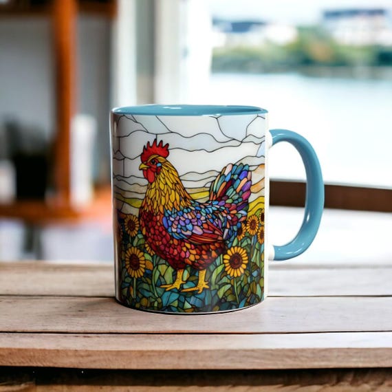 Stained Glass Chicken Mug, Sunflowers Rooster Cup 11oz, Farm Animal Mug, Country Kitchen Gift, Ceramic Chicken Tea Cup, Chicken Lover Gift