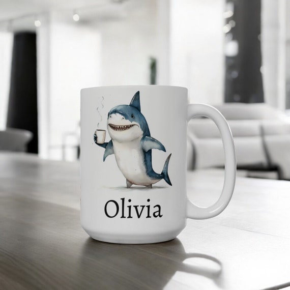 Personalized Shark Mug, Ceramic Shark Coffee Mug 11oz 15oz, Custom Name Mug, Shark Cup, Cute Shark Gift, Custom Coffee Cup, Name Gift