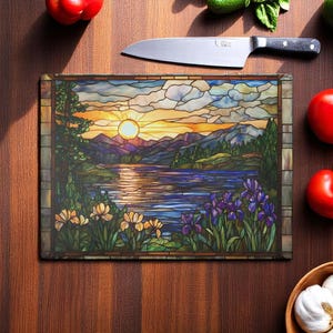 Stained Glass Rustic Landscape Glass Cutting Board, Sunset Nature Chopping Board, Nature Kitchen Decor, Pretty Unique Gift Nature Art Lovers