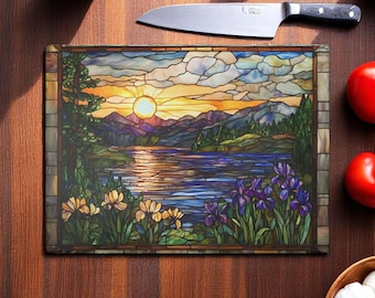 Stained Glass Rustic Landscape Glass Cutting Board, Sunset Nature Chopping Board, Nature Kitchen Decor, Pretty Unique Gift Nature Art Lovers