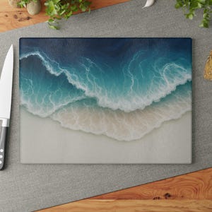 Ocean Wave Glass Cutting Board, Resin Beach Kitchen Decor, Coastal Chopping Board, Sea Themed Serving Tray, Nautical Gift for Beach Lover