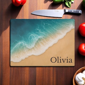 Personalized Name Ocean Glass Cutting Board, Custom Beach Kitchen Decor, Coastal Chopping Board, Wave Art Tray, Sea Lover Gift Idea