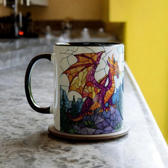 ドラゴン模様の陶器カップ Dragon Mug, Ceramic Dragon Coffee Mug 11oz, Stained Glass Dragon
