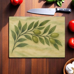 Olive Branch Glass Cutting Board, Rustic Kitchen Decor, Mediterranean Chopping Board, Italian Cooking Gift, Green Olive Tray Farmhouse Board
