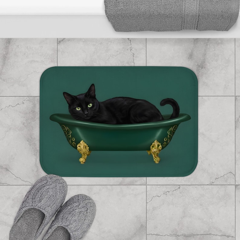 Tapis de bain chat noir, chat drôle dans la baignoire, cadeau pour amoureux des chats, déco gothique de salle de bain, tapis de bain sorcière, tapis de bain mignon, cadeau de pendaison de crémaillère unique image 5