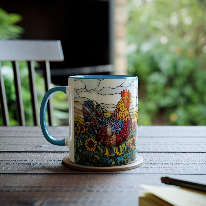 Stained Glass Chicken Mug, Sunflowers Rooster Cup 11oz, Farm Animal Mug, Country Kitchen Gift, Ceramic Chicken Tea Cup, Chicken Lover Gift image 7