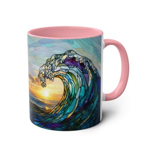 Tazza in vetro colorato con onda oceanica, tazza da caffè da spiaggia, regalo per gli amanti dell'oceano, tazza con decorazione per la casa costiera, tazza in ceramica con onda marina da 11 once immagine 11