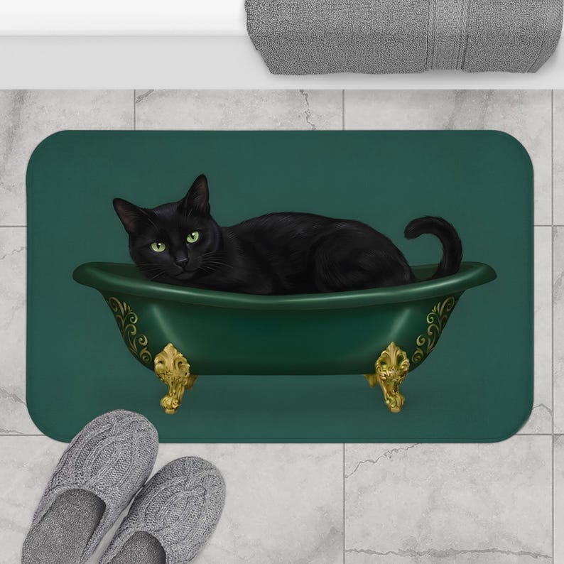 Tapis de bain chat noir, chat drôle dans la baignoire, cadeau pour amoureux des chats, déco gothique de salle de bain, tapis de bain sorcière, tapis de bain mignon, cadeau de pendaison de crémaillère unique image 4