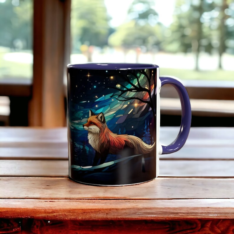 Starry Night Fox Mug - Winter Woodland Ceramic Cup in Stained Glass Design, Fox Coffee Cup, Starry Sky Mug, Forest Animal Mug, Fox Gift image 3