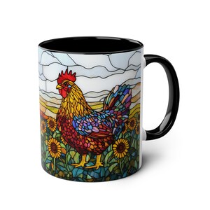 Stained Glass Chicken Mug, Sunflowers Rooster Cup 11oz, Farm Animal Mug, Country Kitchen Gift, Ceramic Chicken Tea Cup, Chicken Lover Gift image 3