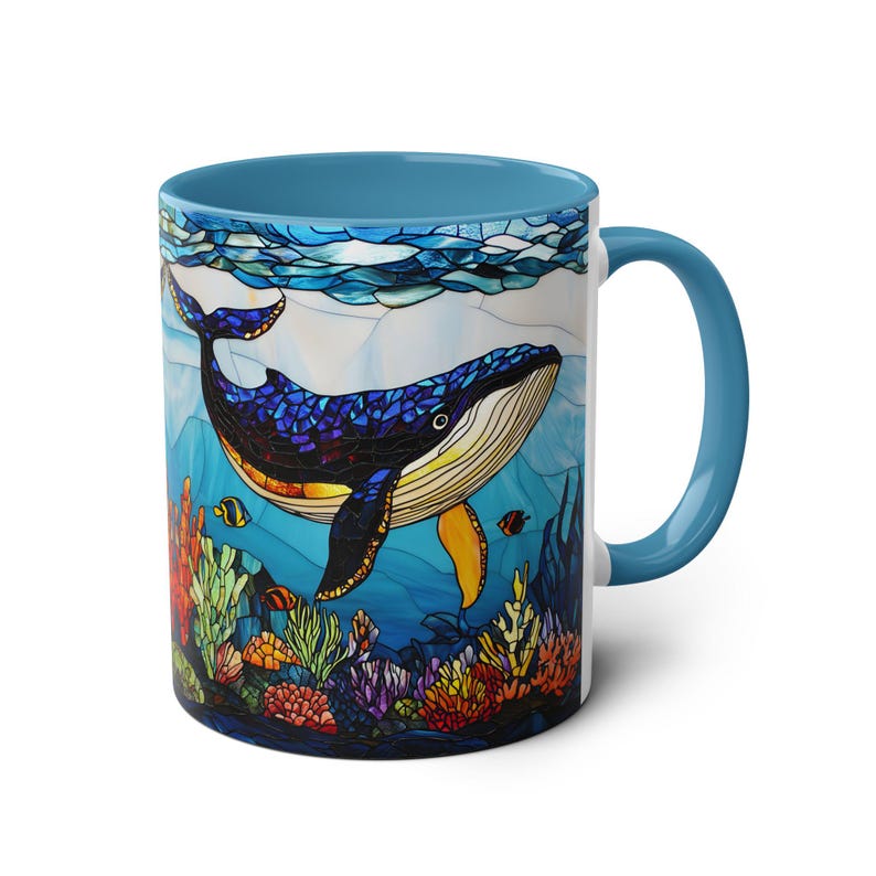 Stained Glass Whale Mug, Humpback Whale Coffee Cup, Ocean Lover Gift, Marine Life Mug, Sea Animal Ceramic Cup, Coastal Mug 11oz image 3