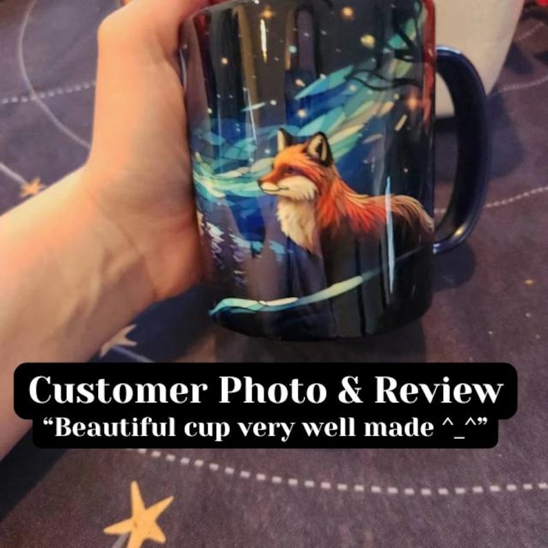 Starry Night Fox Mug - Winter Woodland Ceramic Cup in Stained Glass Design, Fox Coffee Cup, Starry Sky Mug, Forest Animal Mug, Fox Gift image 4