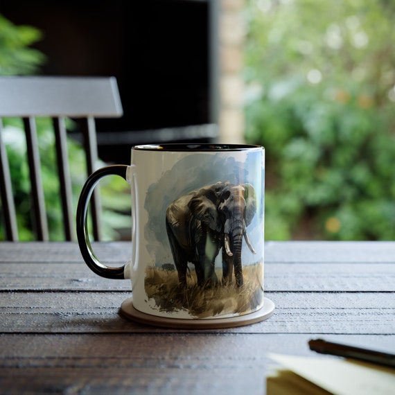 象の絵が描かれたマグカップ、11オンスの陶器製象のコーヒーマグ