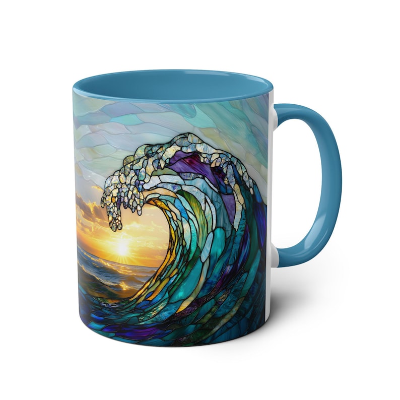 Tazza in vetro colorato con onda oceanica, tazza da caffè da spiaggia, regalo per gli amanti dell'oceano, tazza con decorazione per la casa costiera, tazza in ceramica con onda marina da 11 once immagine 8