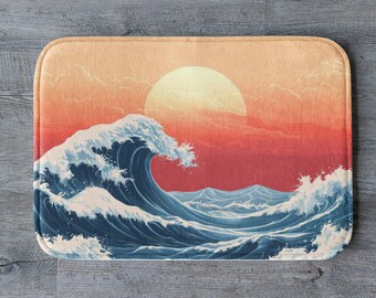 Ocean Wave Bath Mat, Japanese Wave Bathroom Decor, Sunset Sea Bath Mat, Coastal Beach Bathroom, Nautical Bath Mat, Ocean Lover Gift, Ukiyo