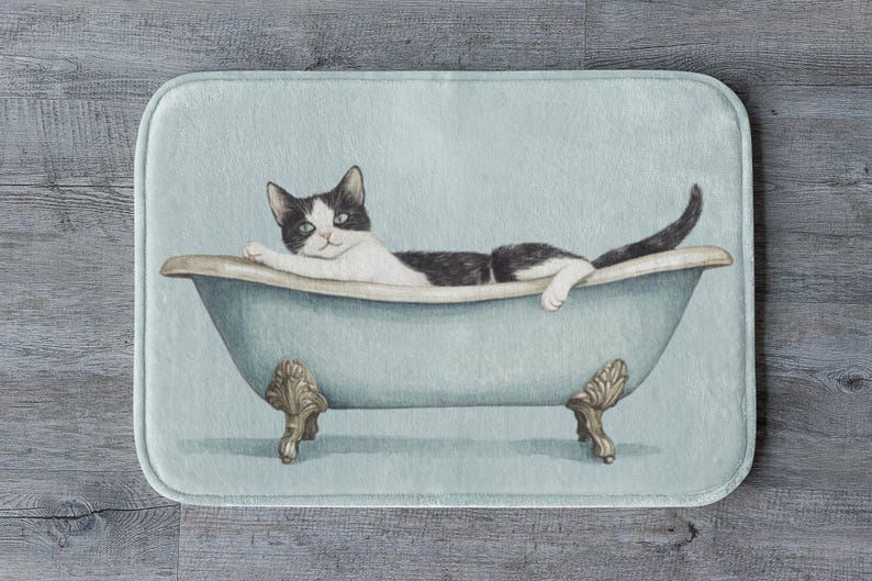 Tapis de bain chat, tapis de salle de bain animaux mignons, cadeau drôle d'amant de chat, tapis de douche fantaisiste de décoration de chaton antidérapant, accent unique de salle de bain confortable pour chat image 1