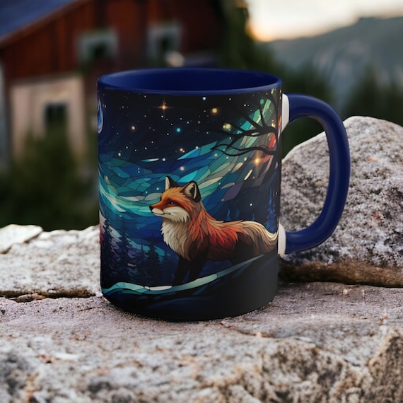 Starry Night Fox Mug - Winter Woodland Ceramic Cup in Stained Glass Design, Fox Coffee Cup, Starry Sky Mug, Forest Animal Mug, Fox Gift