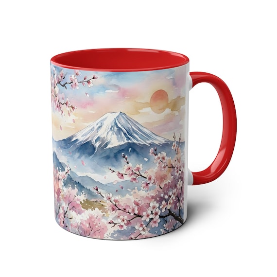 富士山マグカップ、日本の桜のコーヒーカップ 11オンス、桜山陶器