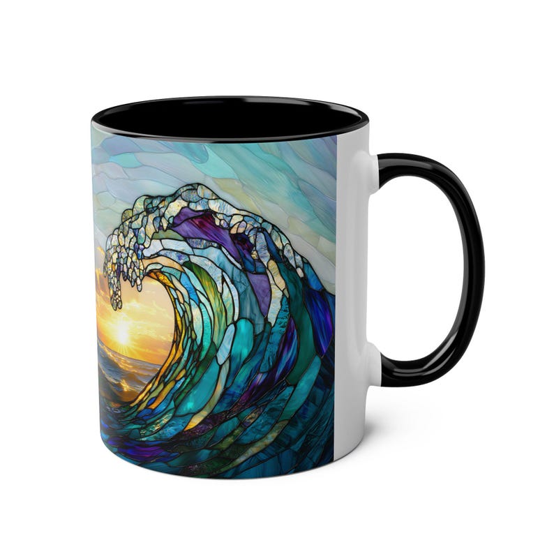 Tazza in vetro colorato con onda oceanica, tazza da caffè da spiaggia, regalo per gli amanti dell'oceano, tazza con decorazione per la casa costiera, tazza in ceramica con onda marina da 11 once immagine 4