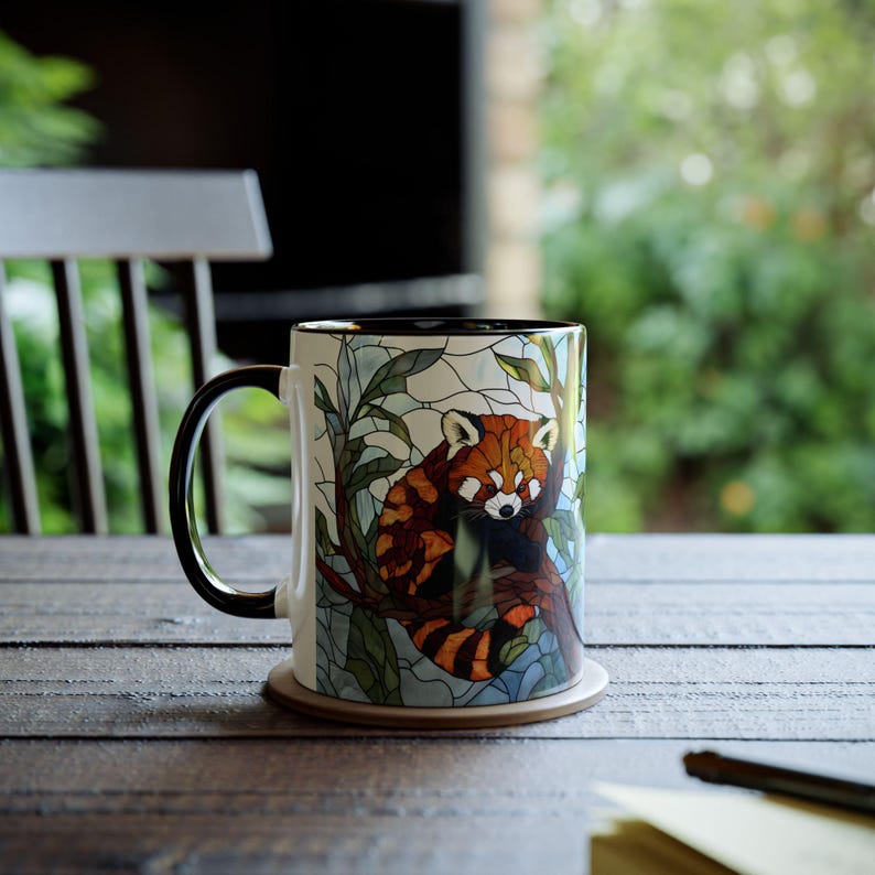 Taza de panda rojo de 325 ml, taza de café con diseño de animales salvajes, regalo para amantes del panda rojo, vajilla con diseño de animales en vidrieras, taza estilo cottagecore, regalo único con temática animal. imagen 8