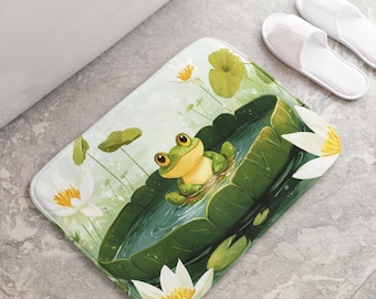Frog Bath Mat, Cute Lily Pad Pond Bathroom Decor, Kawaii Frog Art, Water Lily Bath Rug, Nursery Bathroom, Frog Lover Gift