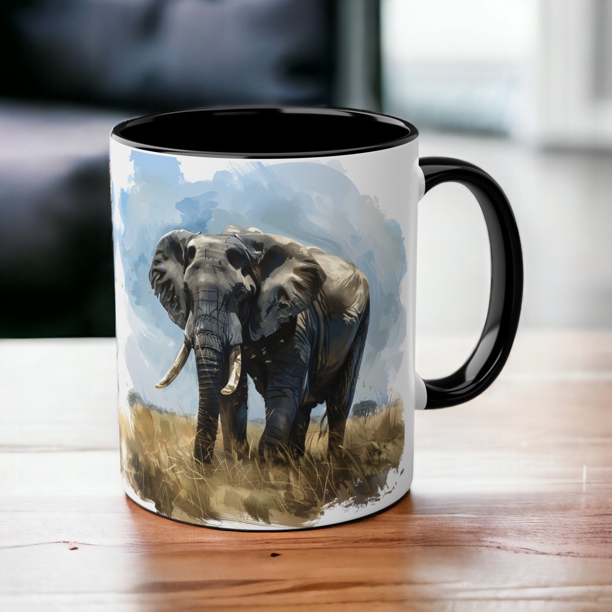 象の絵が描かれたマグカップ、11オンスの陶器製象のコーヒーマグ
