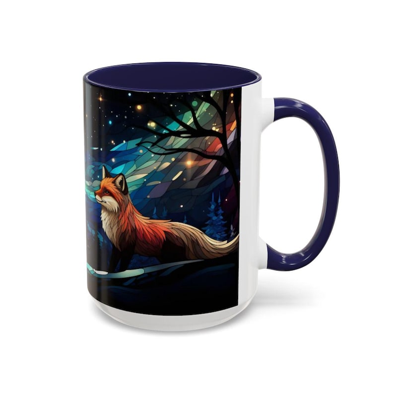 Starry Night Fox Mug - Winter Woodland Ceramic Cup in Stained Glass Design, Fox Coffee Cup, Starry Sky Mug, Forest Animal Mug, Fox Gift image 14