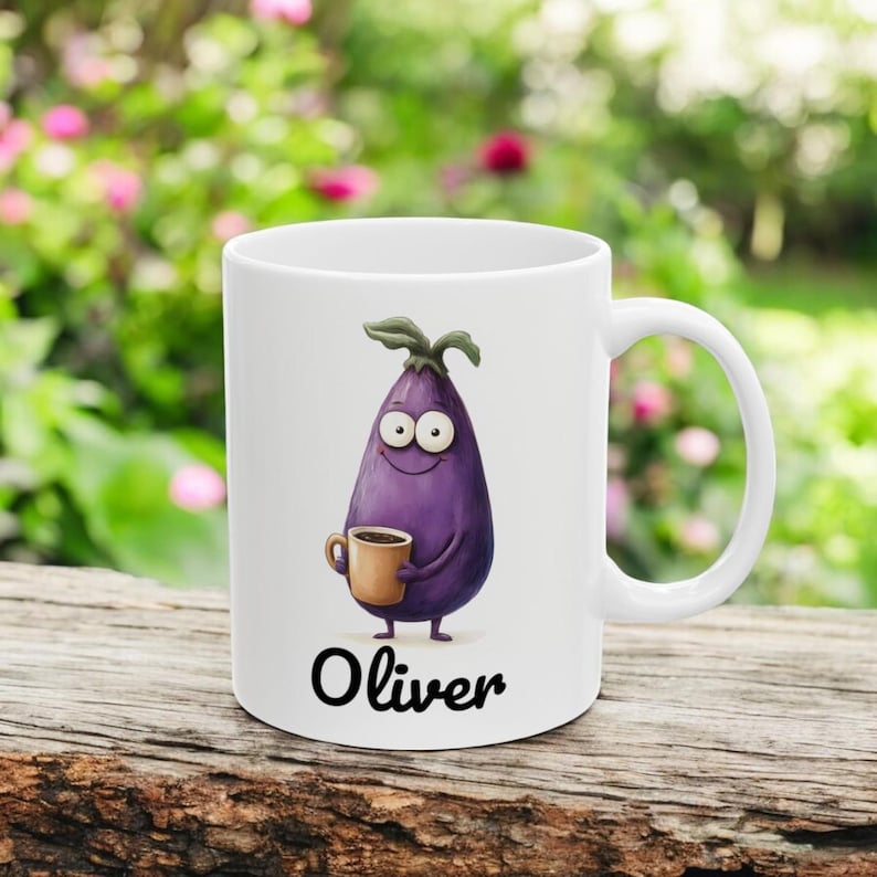 Personalized Eggplant Mug, Custom Name 11oz 15oz Ceramic Vegetable Mug