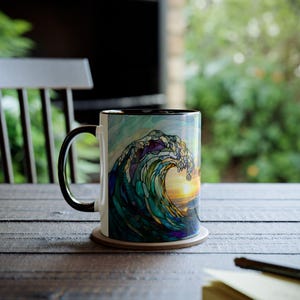 Tazza in vetro colorato con onda oceanica, tazza da caffè da spiaggia, regalo per gli amanti dell'oceano, tazza con decorazione per la casa costiera, tazza in ceramica con onda marina da 11 once immagine 2