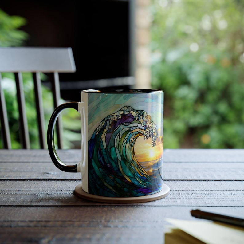 Tazza in vetro colorato con onda oceanica, tazza da caffè da spiaggia, regalo per gli amanti dell'oceano, tazza con decorazione per la casa costiera, tazza in ceramica con onda marina da 11 once immagine 2