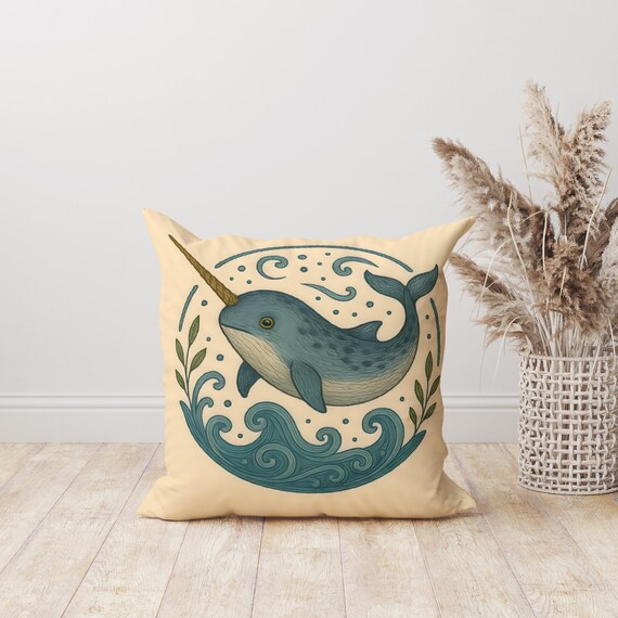 Narwhal Throw Pillow, Whimsical Ocean Decor, Cute Sea Narwhal